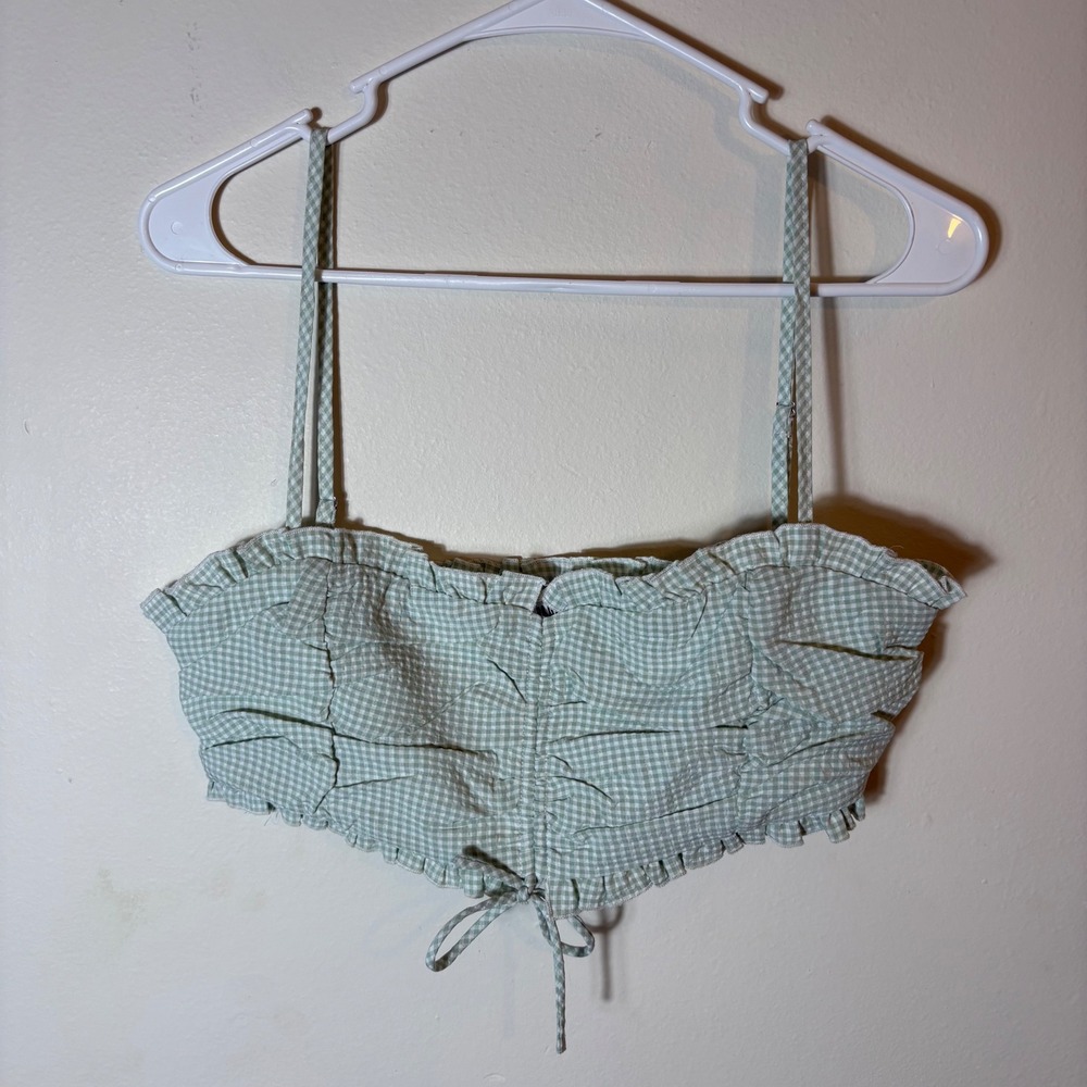 Princess Polly Gingham Crop Top Ruffle Trim Tie Front Green White Size US 10